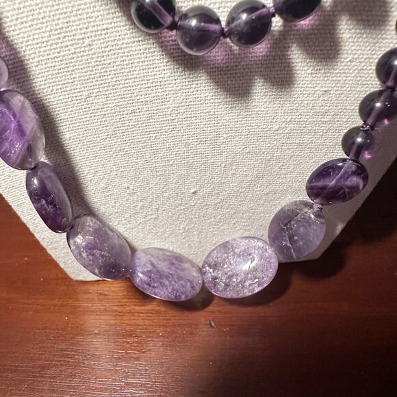 Purple Amethyst Beaded Necklace Very Long Round Beads Flat Stone Unique - Picture 5 of 12